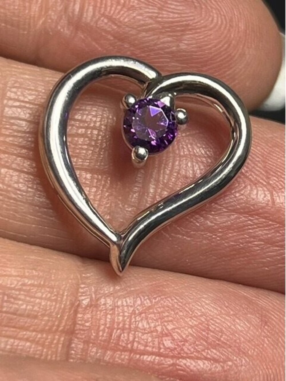 B7024 Sterling Silver Open Heart Amethyst Solitaire Pendant 20mm Fine Jewelry